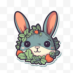 可爱的兔子贴纸与生菜叶花环剪贴