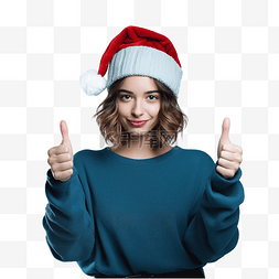 成功人士手势图片_戴着圣诞帽头戴孤立蓝色的女孩做