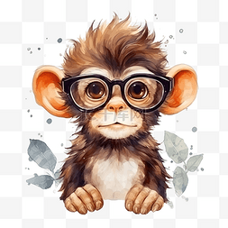 可爱水彩书呆子野生猴子动物戴眼
