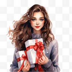 抱礼物的女人图片_喜庆的黑发女人拿着圣诞礼物和购