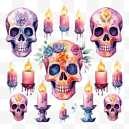 神秘的头骨与燃烧的蜡烛设置 dia d