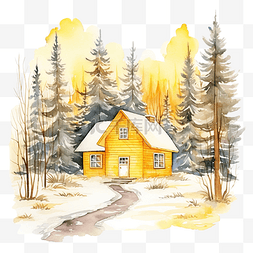森林小木屋卡通图片_冬季森林自然水彩插画背景下卡通