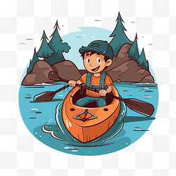 一个男孩在湖里划皮划艇的划桨剪