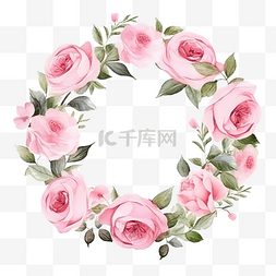 水彩粉色英国玫瑰花环框架