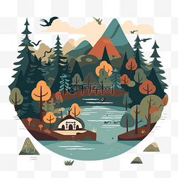 秋季森林和湖泊风景的 pnw 剪贴画