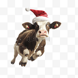 牛与圣诞树枝和圣诞老人??的帽子