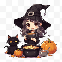 黑猫女巫图片_卡通可爱万圣节女巫和黑猫做饭