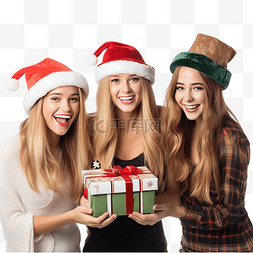 三个戴着滑稽帽子带着圣诞礼物的