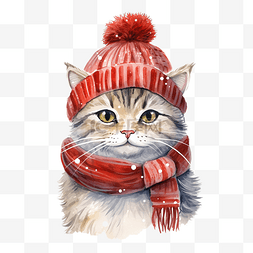 矢量圣诞老人插画图片_戴着圣诞帽子和围巾的滑稽猫