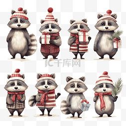 可爱的浣熊圣诞人物系列，戴着帽