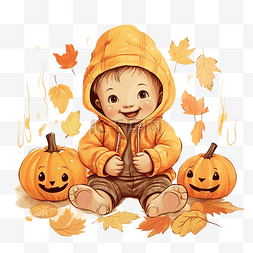 开心的小婴儿图片_穿着夹克的可爱宝宝坐在秋季森林