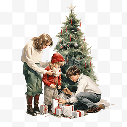 爸爸和儿子女儿图片_快乐的小男孩和家人一起装饰圣诞