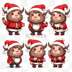 设置可爱的水牛在圣诞服装卡通动