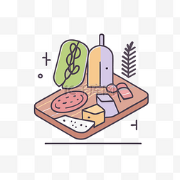 平面木板素材图片_一张装满食物和奶酪的木板的插图