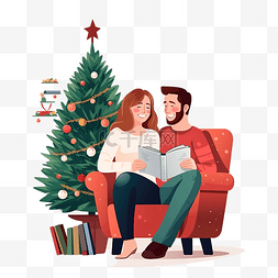 拿书的女人图片_年轻夫妇拿着书坐在圣诞树附近的