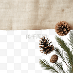 白色木质复古表面的粗麻布上的树枝圣诞树和锥体
