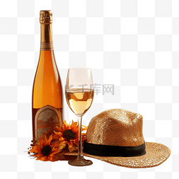 香槟瓶和玻璃杯，戴着感恩节帽子