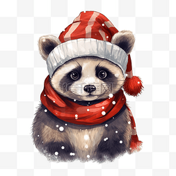 戴着圣诞帽子和围巾的有趣熊猫