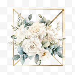 水彩白玫瑰花束，金色豪华方形框