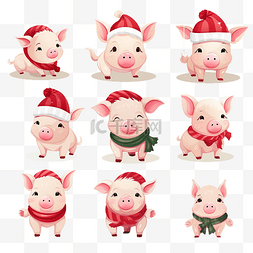 圣诞老人收集图片_可爱的圣诞小猪收集矢量插图穿着