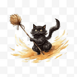 骑着扫帚飞翔的黑猫手绘万圣节插