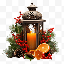 家居橙色图片_圣诞灯笼，配有橙色肉桂浆果和松