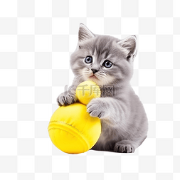 可爱的灰色小猫在黄色的圣诞玩具