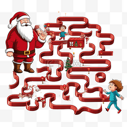 迷宫与卡通圣诞老人与礼物和小男