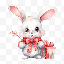 水彩动物插画素材图片_可爱的兔子在圣诞老人服装水彩圣