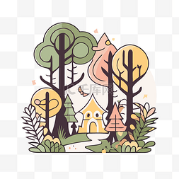 房子小兔图片_有房子和树木的森林的线条艺术插