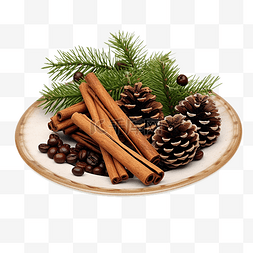 咖啡树枝图片_圣诞装饰，配有冷杉树枝和咖啡豆