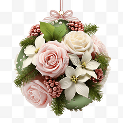 圣诞枞树球装饰着白色隔离的花朵