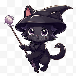 卡通帽子舞会图片_可爱的黑女巫猫在万圣节飞扫帚与