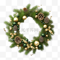 圣诞松叶装饰素材图片_圣诞花环装饰松叶和圣诞球