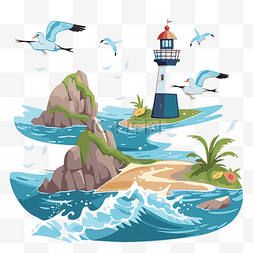 卡通沿海图片_沿海剪贴画卡通灯塔和小岛屿与鸟