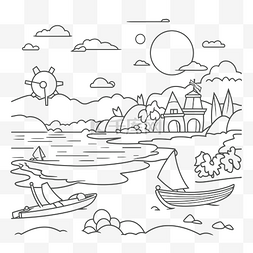 黑白线条海图片_岸边着色页与海中的小船轮廓素描