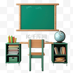 3d 绿色黑板模板与木制课桌卡通椅