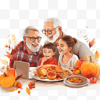春节吃饭桌高清图片大全_网络浏览器 Windows 中的感恩节快乐祖父母在视频通话概念期间与孩子讨论