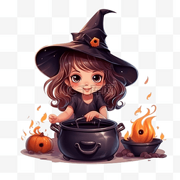 穿着服装和帽子的小女巫变出锅
