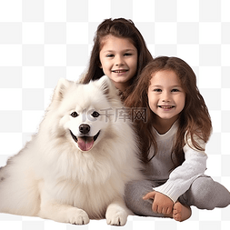 女孩和狗狗图片_圣诞节场景中带着萨摩耶狗的儿童