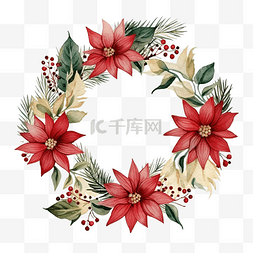 花与叶组合图片_圣诞花环花卉组合物与一品红松圣