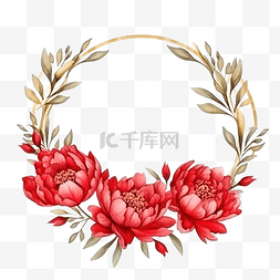 水彩红牡丹与圆形金色花环框架