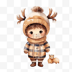 贺卡与穿着鹿圣诞服装的可爱孩子