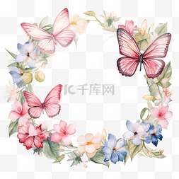 蓝色花店图片_方形拉米与花朵和蝴蝶水彩插图