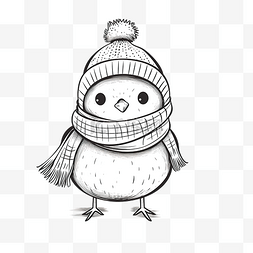 冬天戴着帽子的小鸟线性涂鸦
