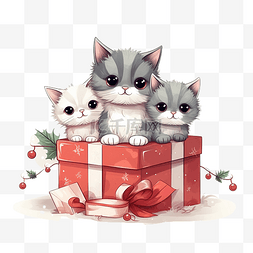 大礼盒插画图片_圣诞快乐手绘卡通可爱猫和大礼盒