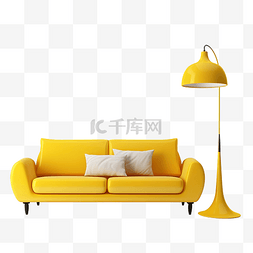 灯和沙发图片_中世纪黄色沙发，配有枕头地毯和