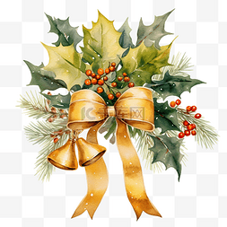 金色的钟图片_水彩圣诞槲寄生叶花环装饰着金色