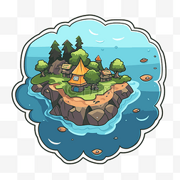 水上有树木和房屋的岛屿的贴纸贴