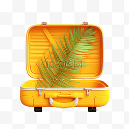 打开的手提箱图片_黄色打开手提箱空有棕榈叶隔离夏